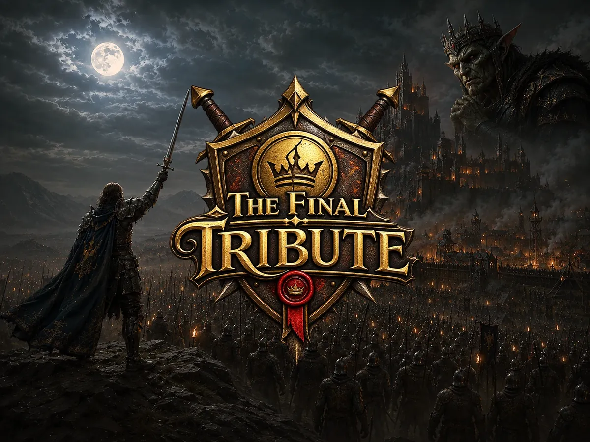 Four by three The Final Tribute key art with the crest logo above a besieged settlement