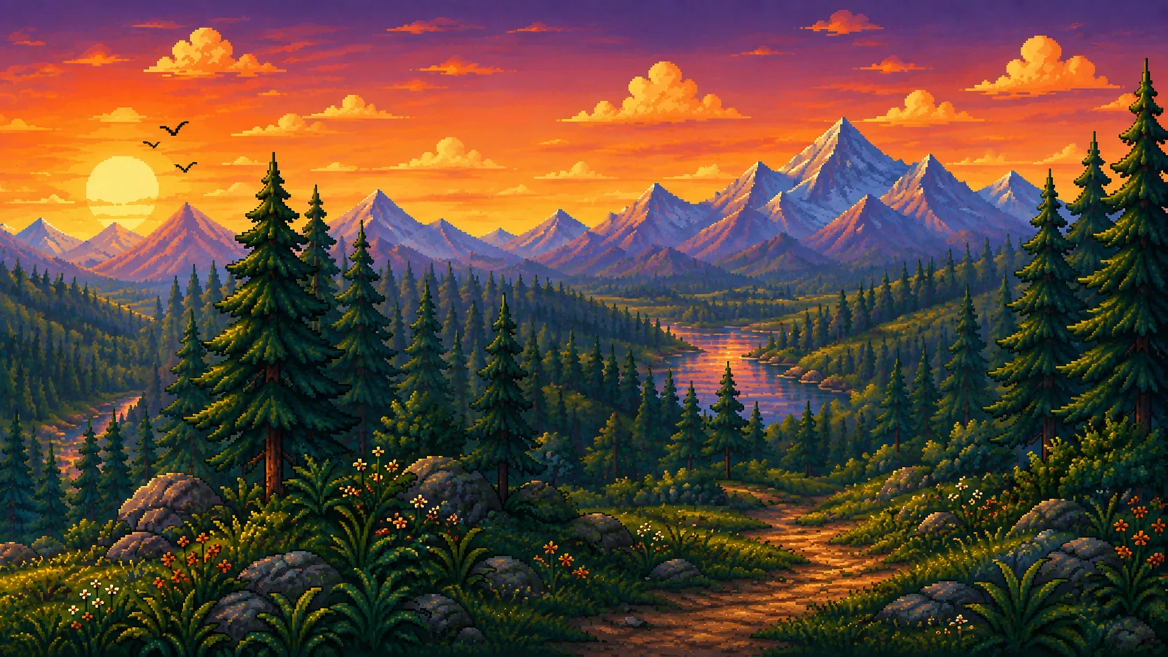 Pixel art wallpaper of a pine valley river and mountain range at sunset