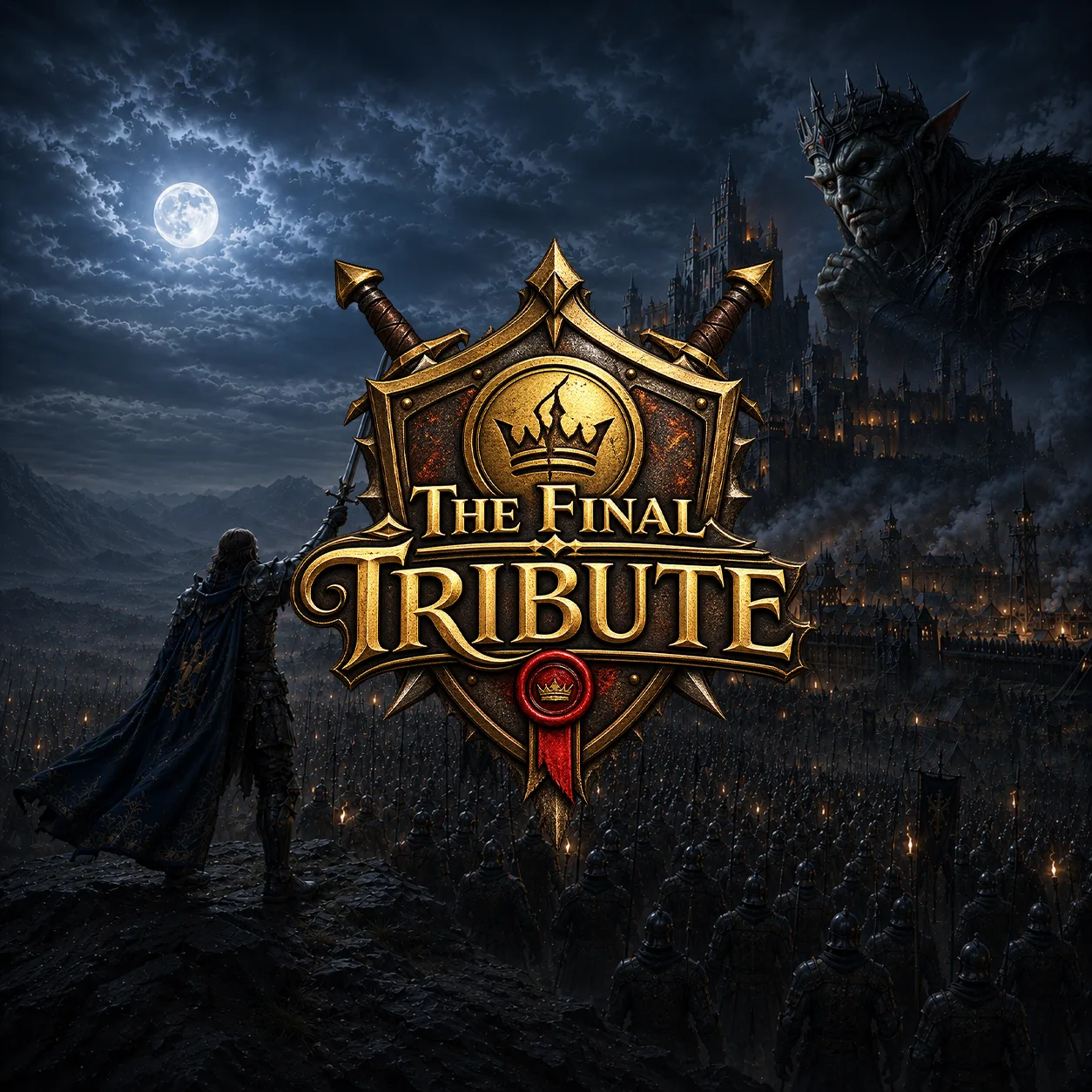 Square The Final Tribute key art with the crest logo over a dark fantasy landscape