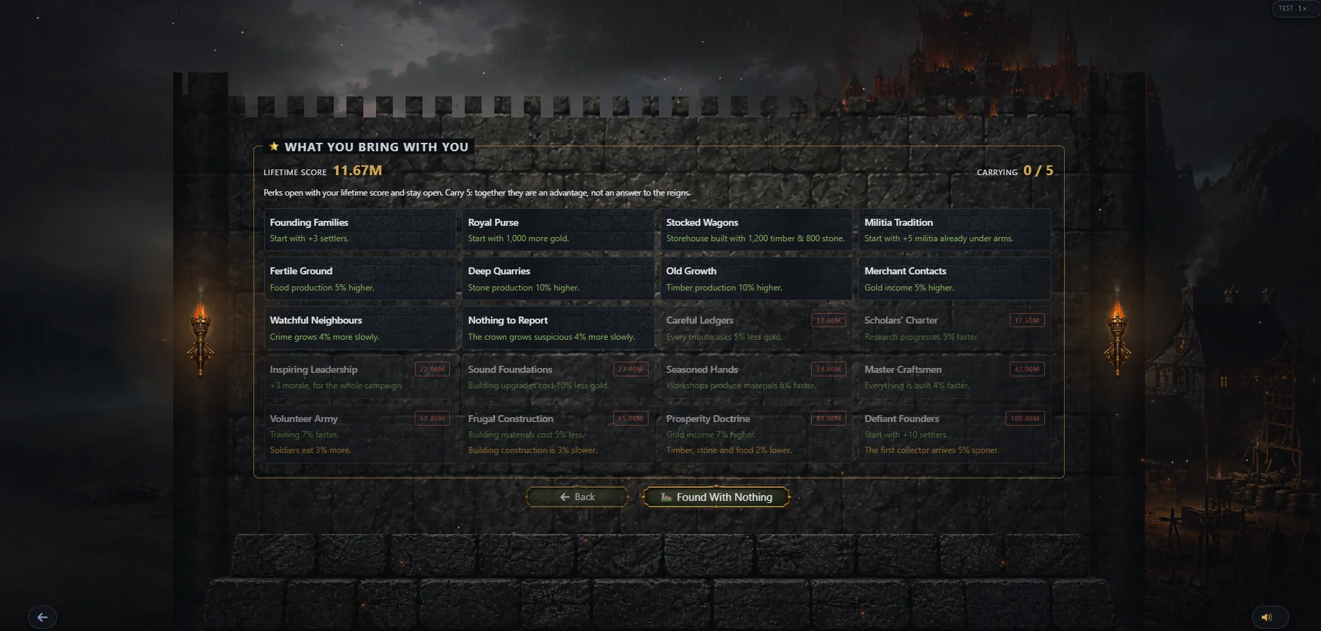 Perk screen showing what you bring with you, unlocked by lifetime score