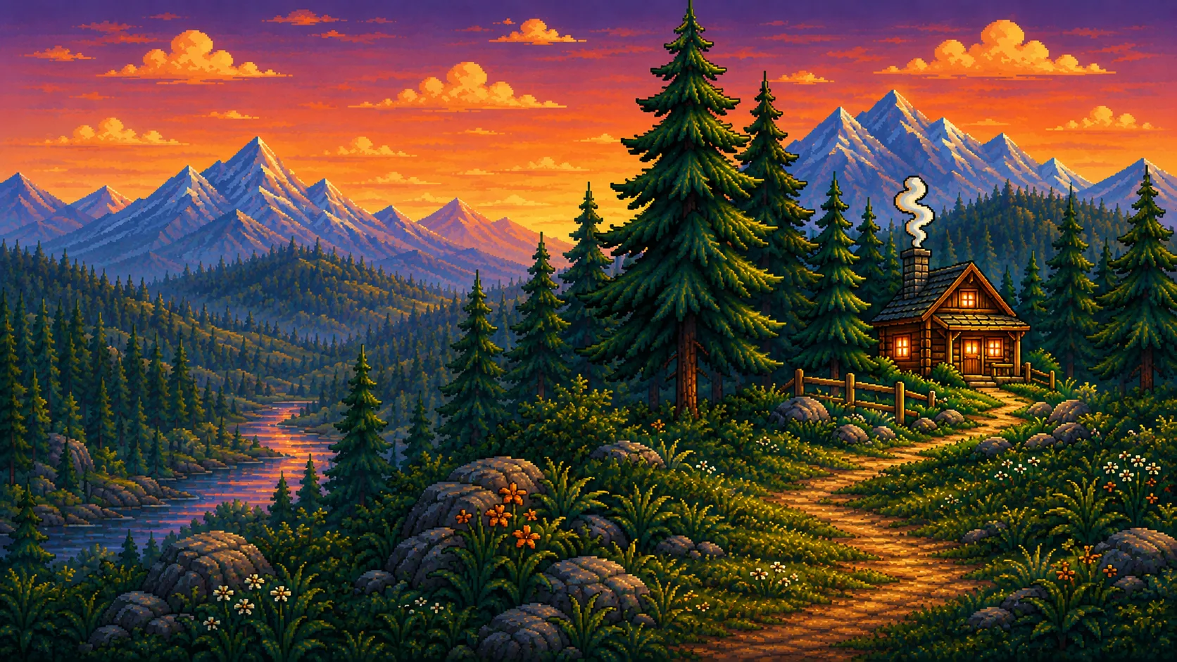 Pixel art wallpaper of a lit lodge on a forest ridge with mountains at sunset