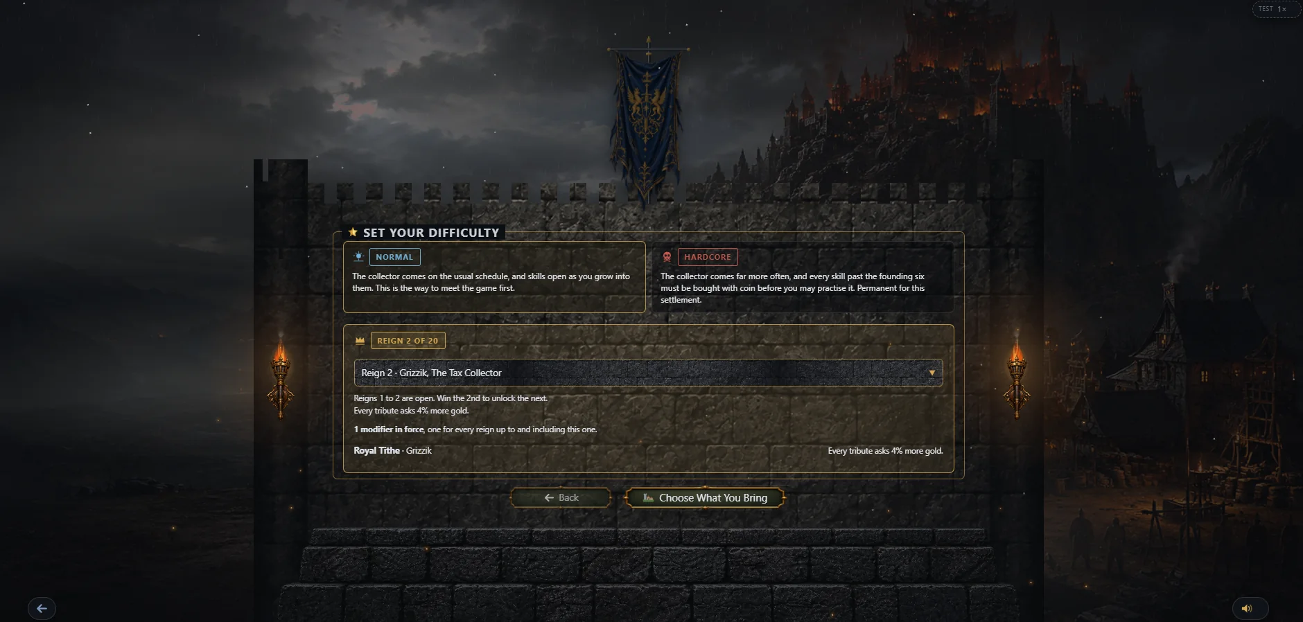 Difficulty screen with Normal and Hardcore modes and the current reign