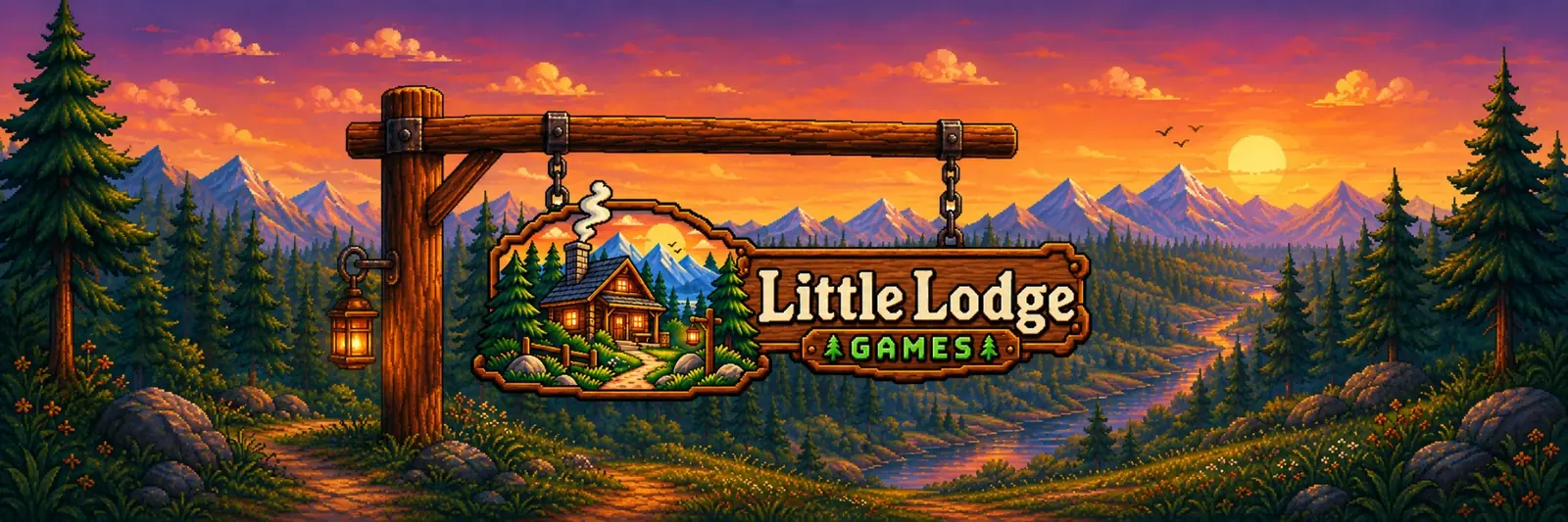 Pixel art forest valley at sunset with the Little Lodge Games sign hanging from a post