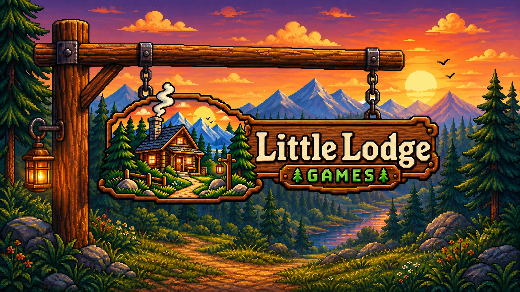 Pixel art wallpaper of the Little Lodge Games hanging sign in a sunset pine forest