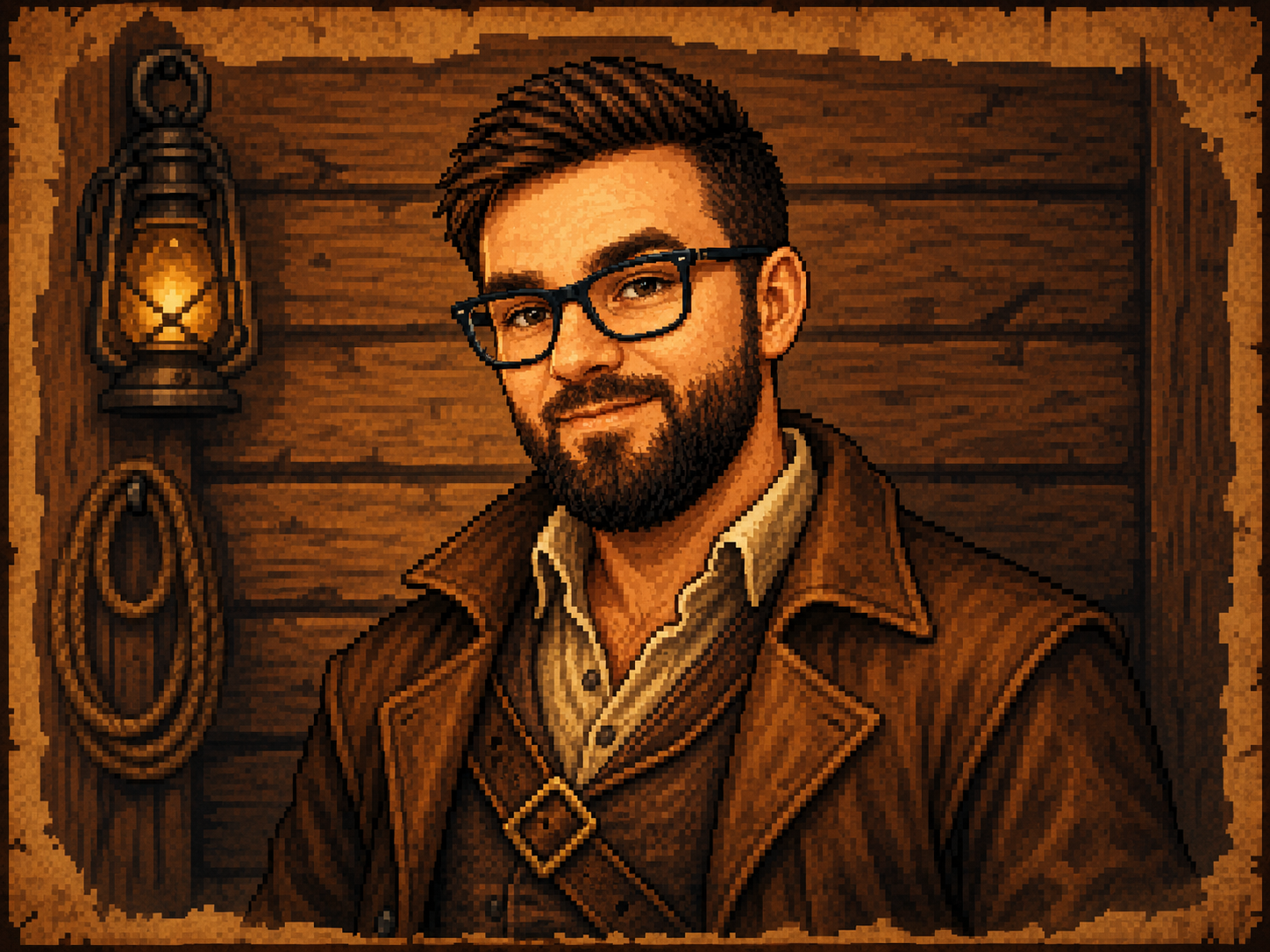 Pixel art wanted poster portrait of Scott Cunningham, founder of Little Lodge Games