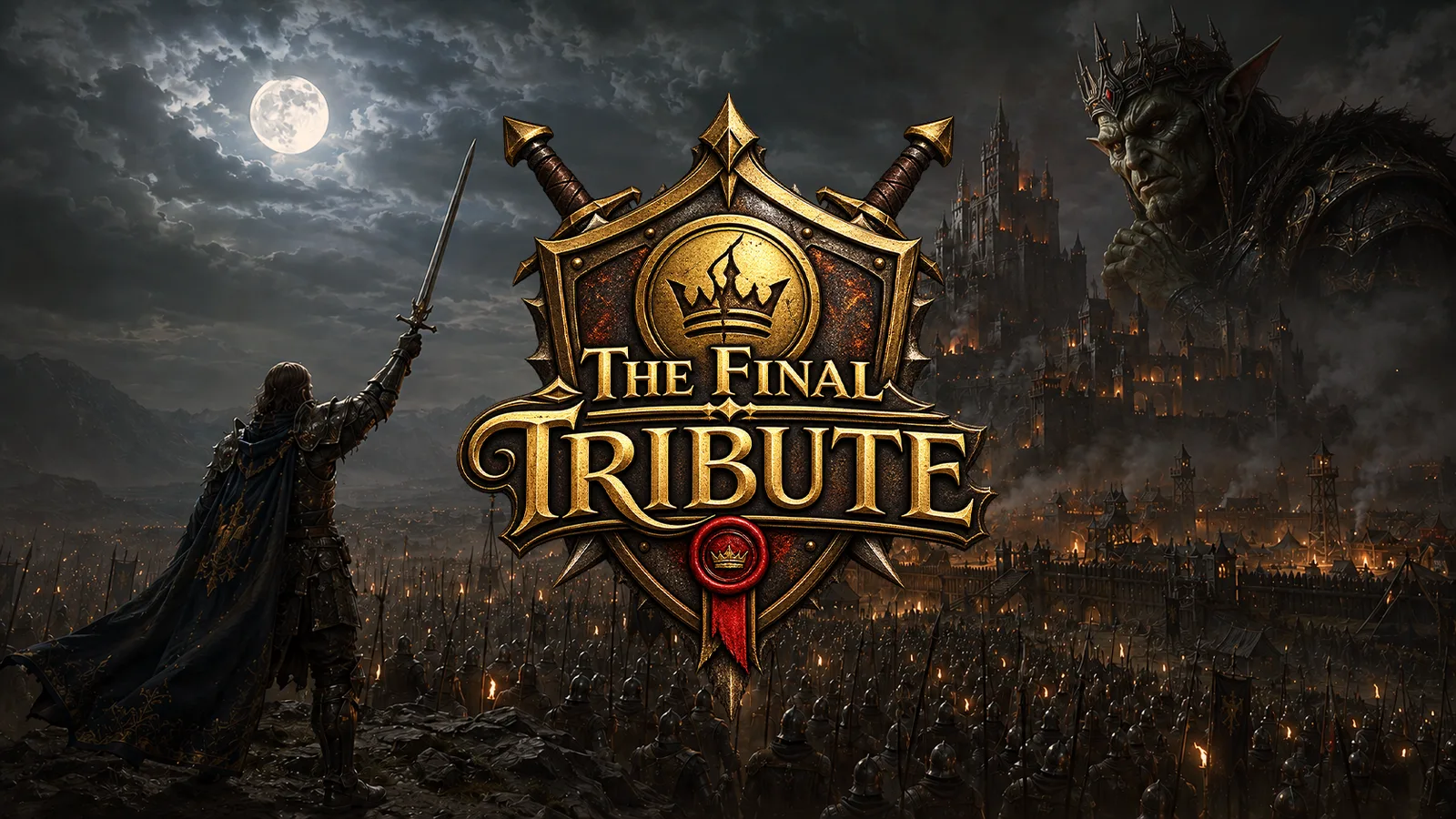 The Final Tribute title screen showing a fortified settlement beneath the Goblin King's castle