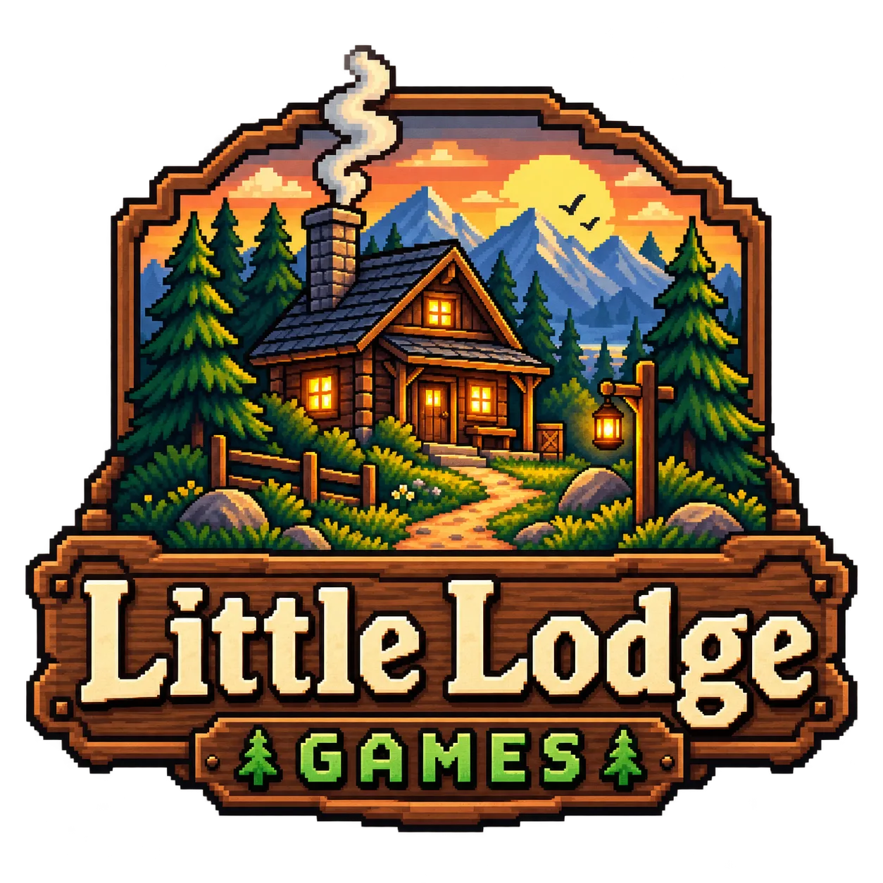 Little Lodge Games circular logo showing a pixel art lodge with a lit window