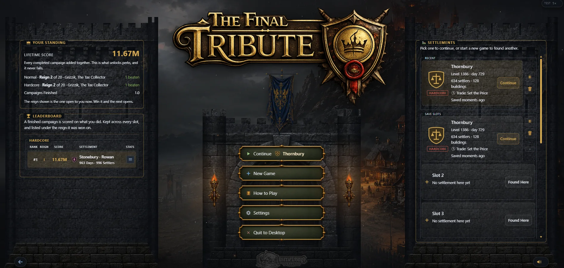 The Final Tribute main menu with standing, leaderboard, and settlement slots