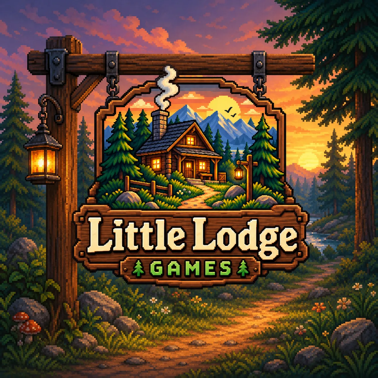Little Lodge Games profile image showing a pixel art lodge at sunset with a hanging studio sign