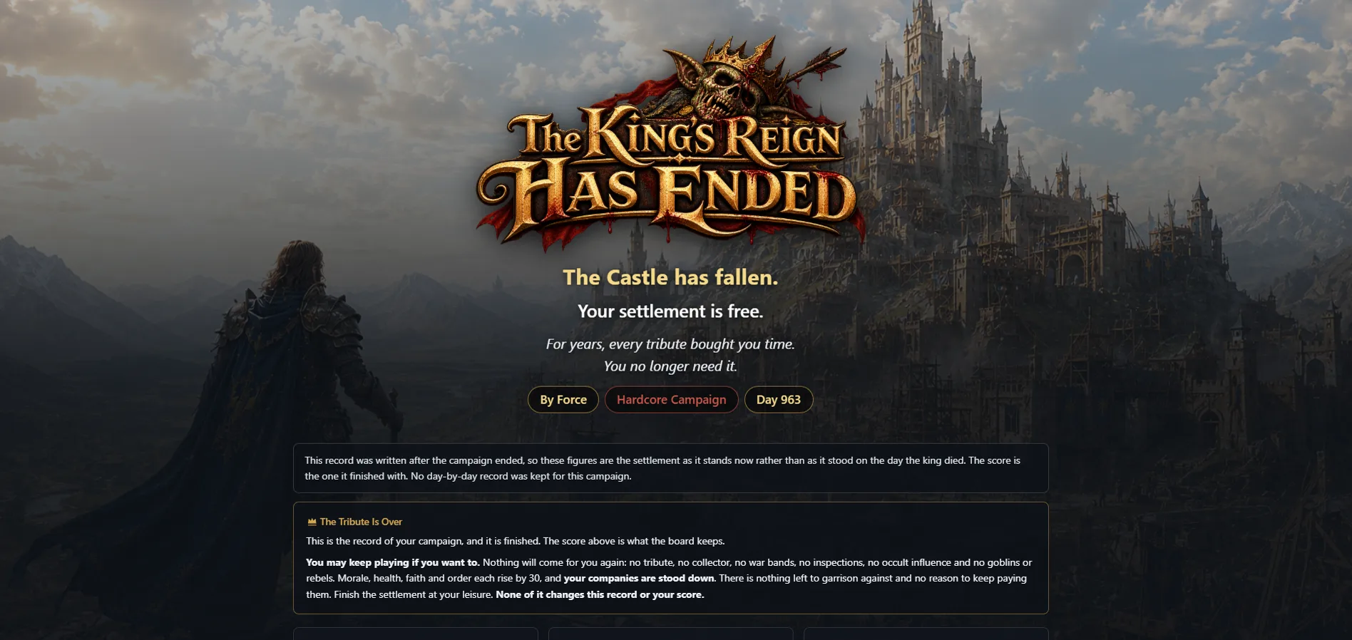 End screen reading The King's Reign Has Ended with the campaign record