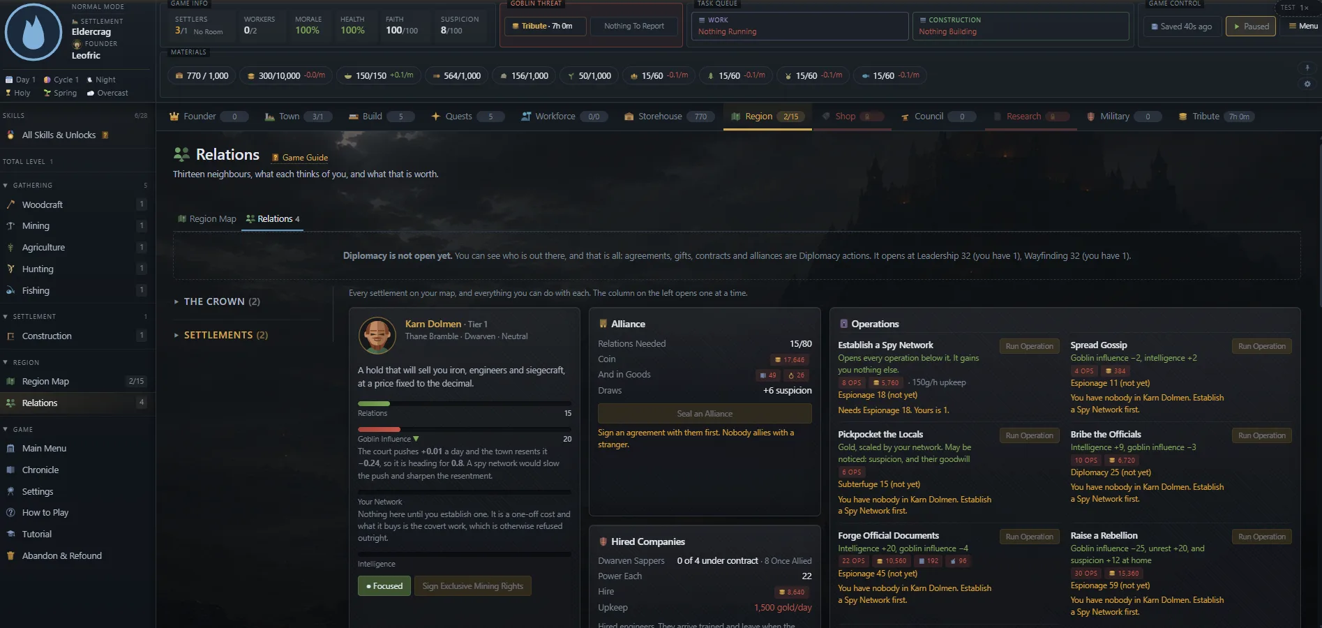 Relations screen showing a neighbouring thane, alliance terms, hired companies, and covert operations