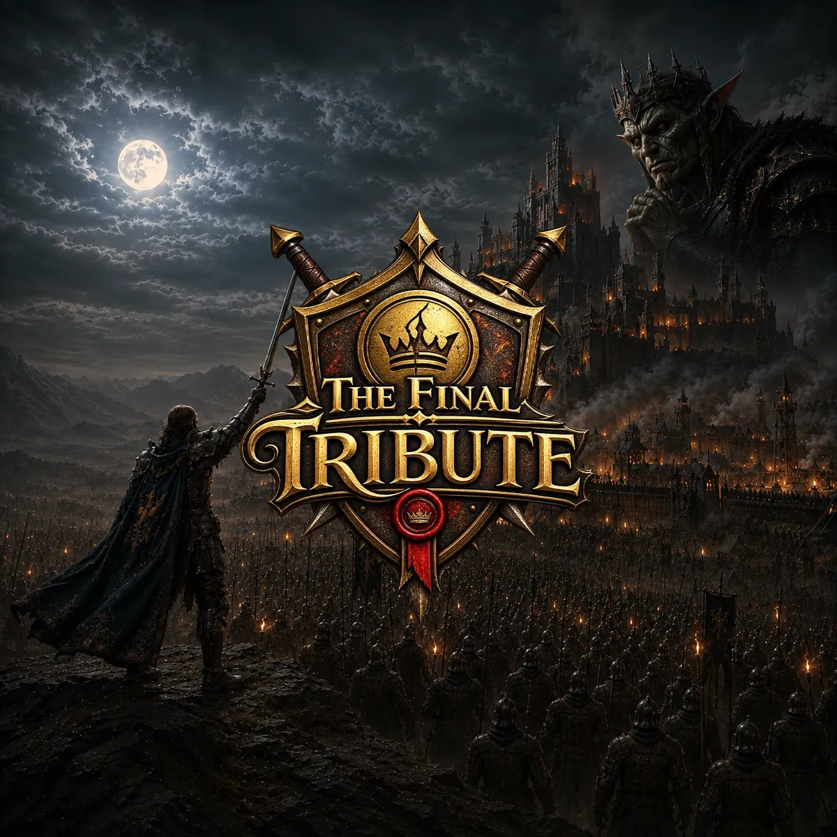 Square The Final Tribute key art with the crest logo over a dark fantasy landscape